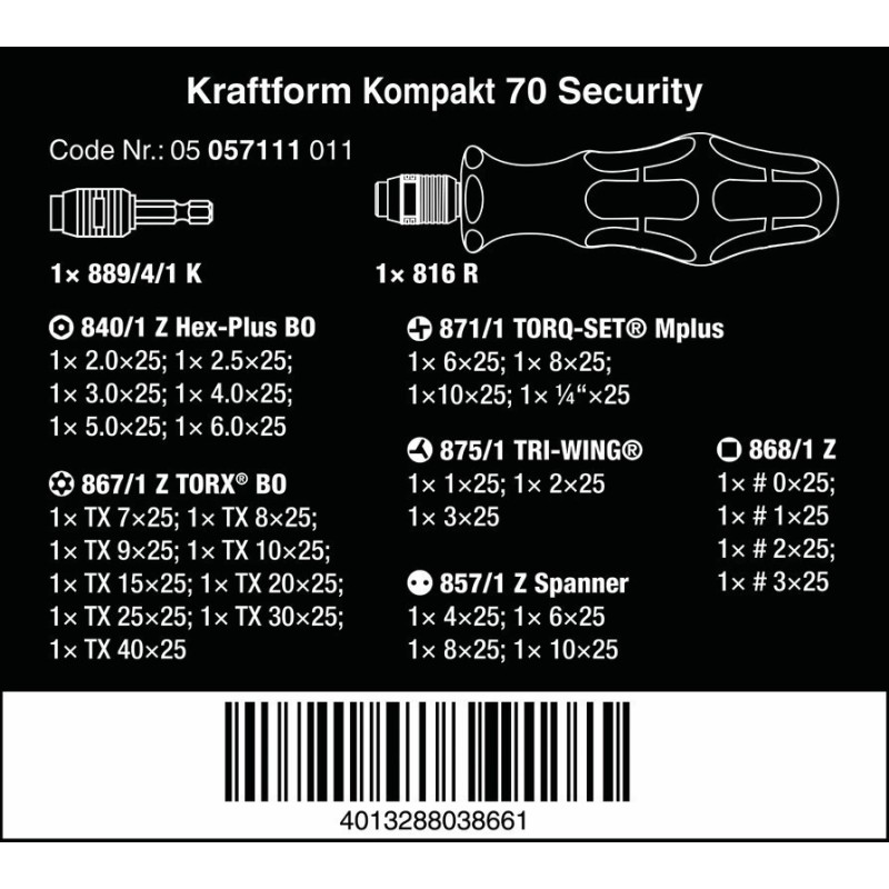 Wera Kraftform Kompakt 71 Tornavida Bits Seti 05057111001