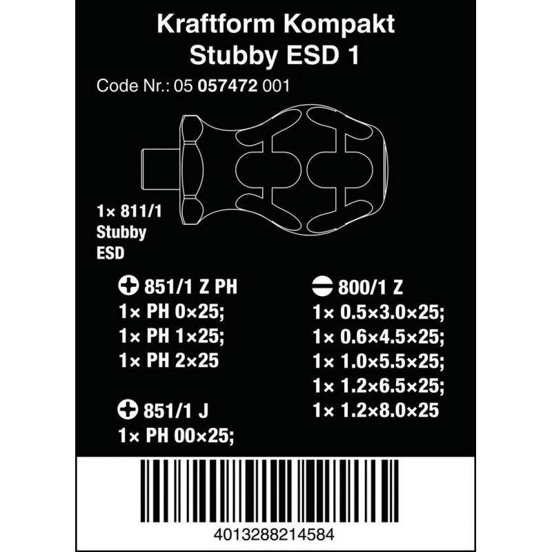 Wera Stubby ESD Tornavida Bits Seti 1 05057472001