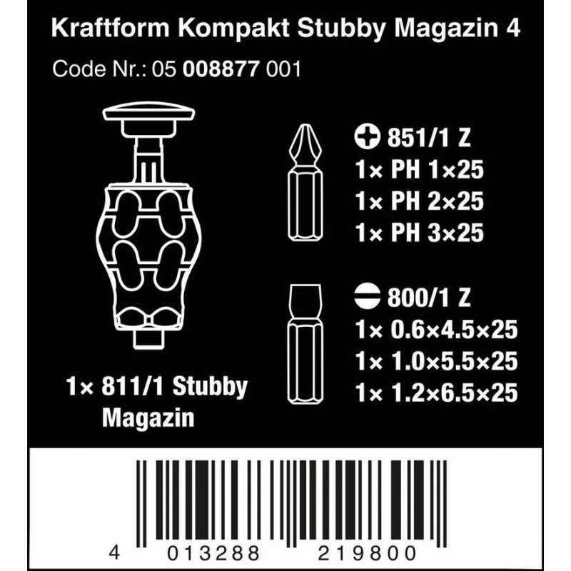 Wera Stubby Magazine Tornavida Bits Seti 4 05008877001