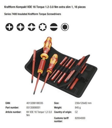 Wera VDE 16 Torklu Tornavida 1,2-3,0Nm İnce Uçlu Set 05135906001