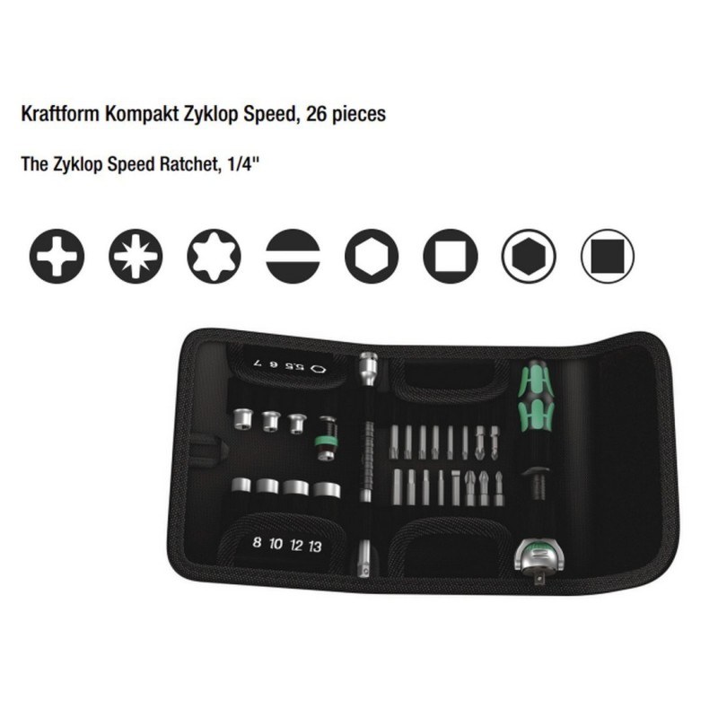 Wera Zyklop Speed KF Kompakt 1/4" Cırcır Lokma Bits Seti 26P 05051045001