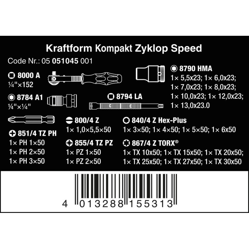 Wera Zyklop Speed KF Kompakt 1/4" Cırcır Lokma Bits Seti 26P 05051045001