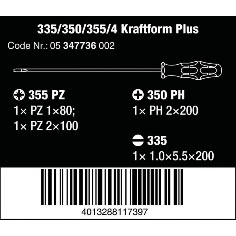 Wera 335/350/355/4 Kraftform Plus Tornavida Seti 200mm 05347736002