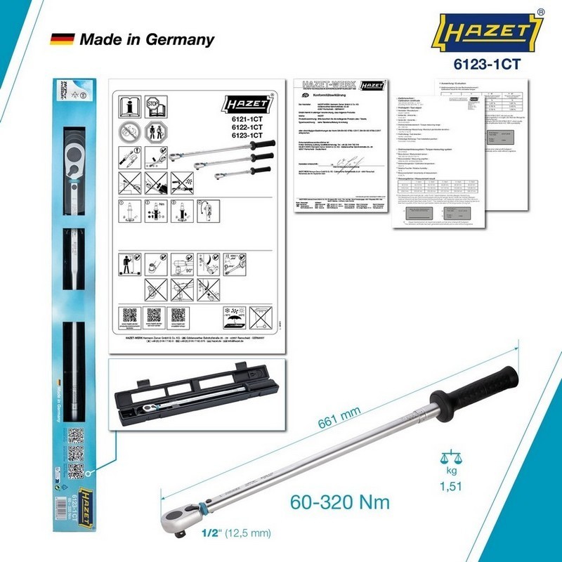 Hazet 6123-1CT 60-320Nm 1/2" Ayarlanabilir Tork Anahtarı ±%2