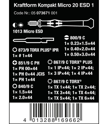 Wera 20 ESD Yarımay Hios Mikro Tornavida Bits Seti 05073671001