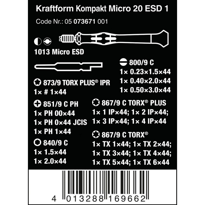 Wera 20 ESD Yarımay Hios Mikro Tornavida Bits Seti 05073671001