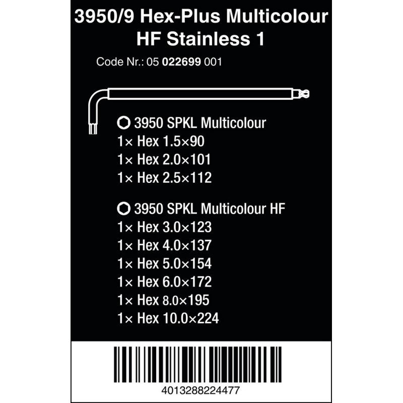Wera 3950/9 SPKL HF HexPlus Topbaş Renkli Allen Anahtar Seti 05022699001