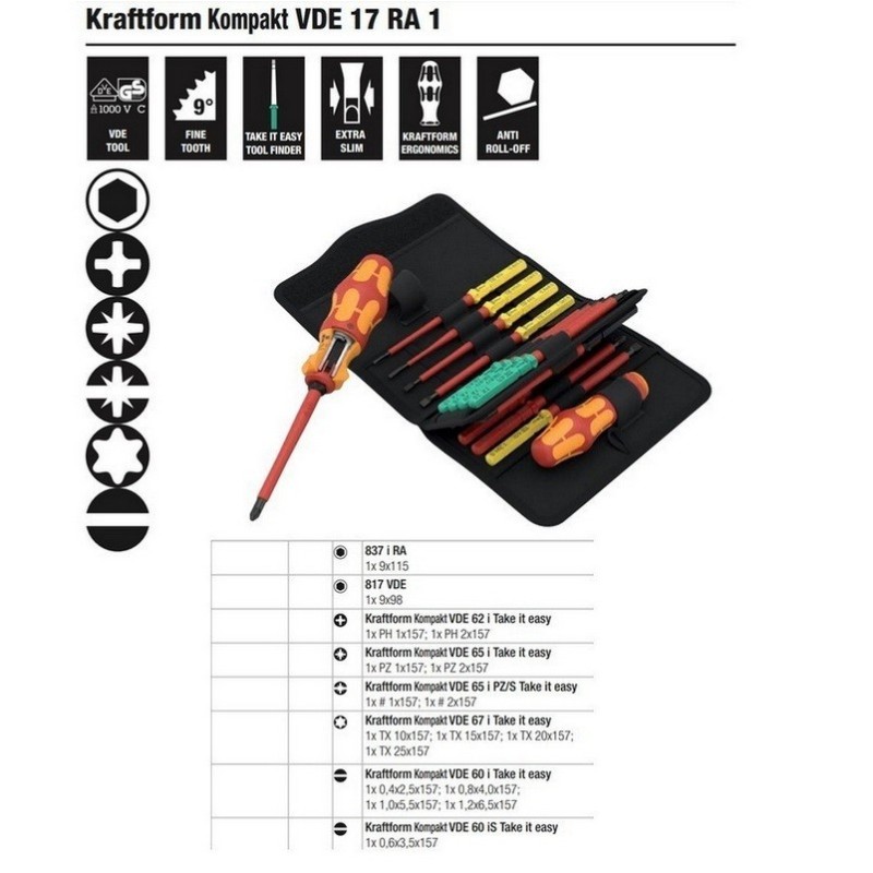 Wera Kraftform Kompakt VDE 17 RA 1 Geçmeli Uçlu Tornavida Set 05006618001