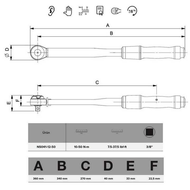 Bahco NS041-12-50 Kıvılcım Çıkarmaz 12-50Nm 3/8'' Cırcırlı Ayarlanabilir Tork Anahtarı