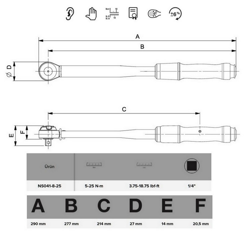 Bahco NS041-8-25 Kıvılcım Çıkarmaz 5-25Nm 1/4'' Cırcırlı Ayarlanabilir Tork Anahtarı