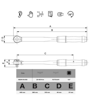 Bahco NS041-16-100 Kıvılcım Çıkarmaz 20-100Nm 1/2'' Cırcırlı Ayarlanabilir Tork Anahtarı