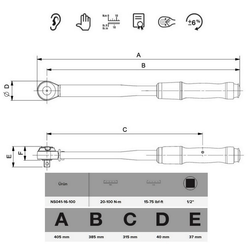 Bahco NS041-16-100 Kıvılcım Çıkarmaz 20-100Nm 1/2'' Cırcırlı Ayarlanabilir Tork Anahtarı