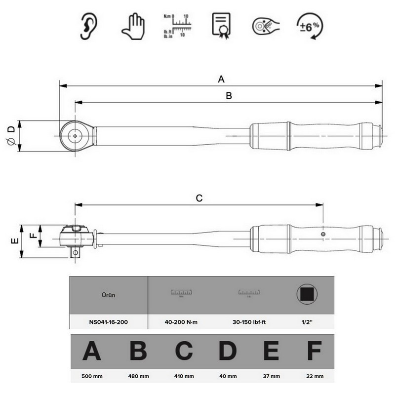 Bahco NS041-16-200 Kıvılcım Çıkarmaz 40-200Nm 1/2'' Cırcırlı Ayarlanabilir Tork Anahtarı