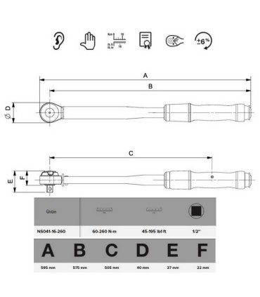 Bahco NS041-16-260 Kıvılcım Çıkarmaz 60-200Nm 1/2'' Cırcırlı Ayarlanabilir Tork Anahtarı