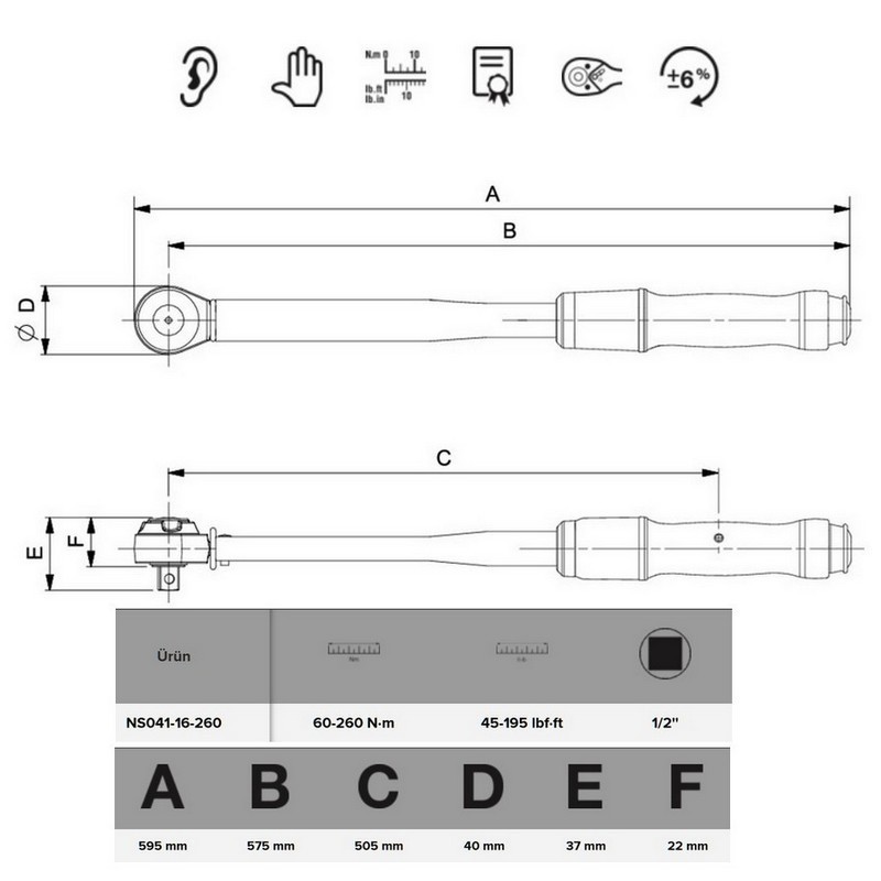 Bahco NS041-16-260 Kıvılcım Çıkarmaz 60-200Nm 1/2'' Cırcırlı Ayarlanabilir Tork Anahtarı