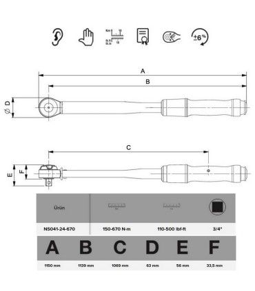 Bahco NS041-24-670 Kıvılcım Çıkarmaz 150-670Nm 3/4'' Cırcırlı Ayarlanabilir Tork Anahtarı