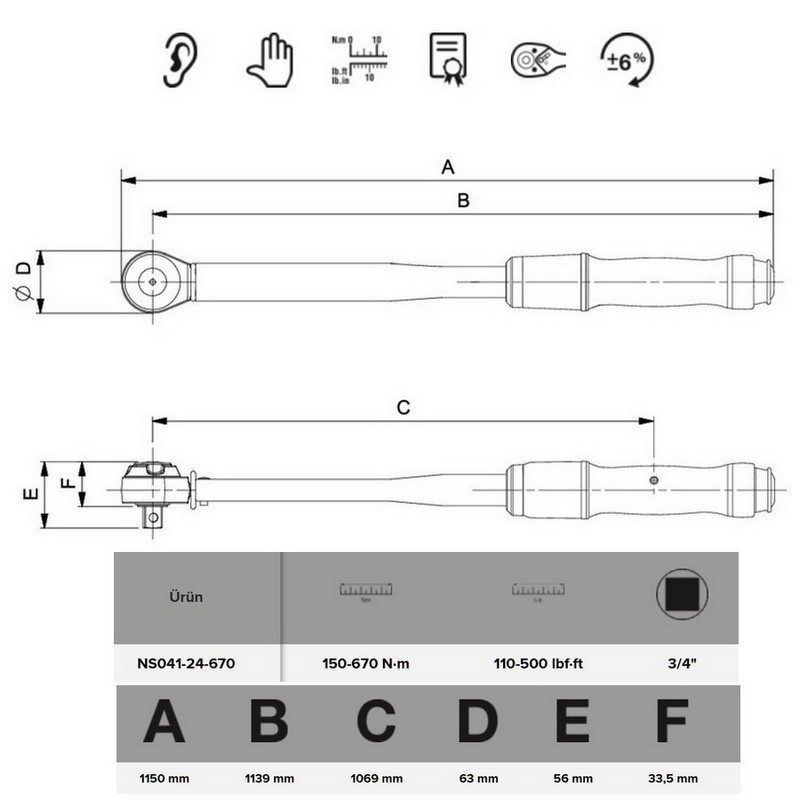 Bahco NS041-32-670 Kıvılcım Çıkarmaz 200-900Nm 1'' Cırcırlı Ayarlanabilir Tork Anahtarı