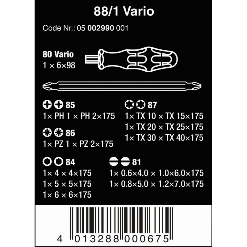 Wera 88/1 Vario 6mm Geçmeli Tornadiva Uç Seti 11P 05002990001