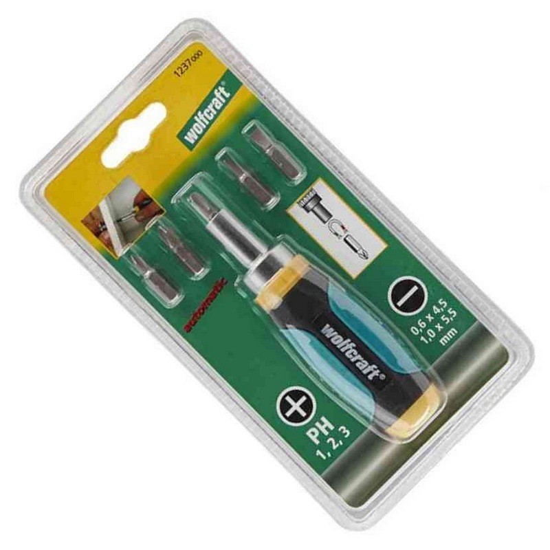Wolfcraft 1237000 Cırcırlı Mini Tornavida Düz Yıldız Bits Seti 6P