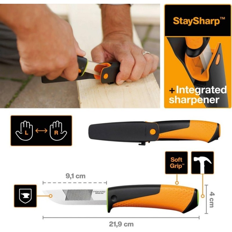 Fiskars 1023619 Ağır İş Kılıflı Entegre Bilemeli Bıçak