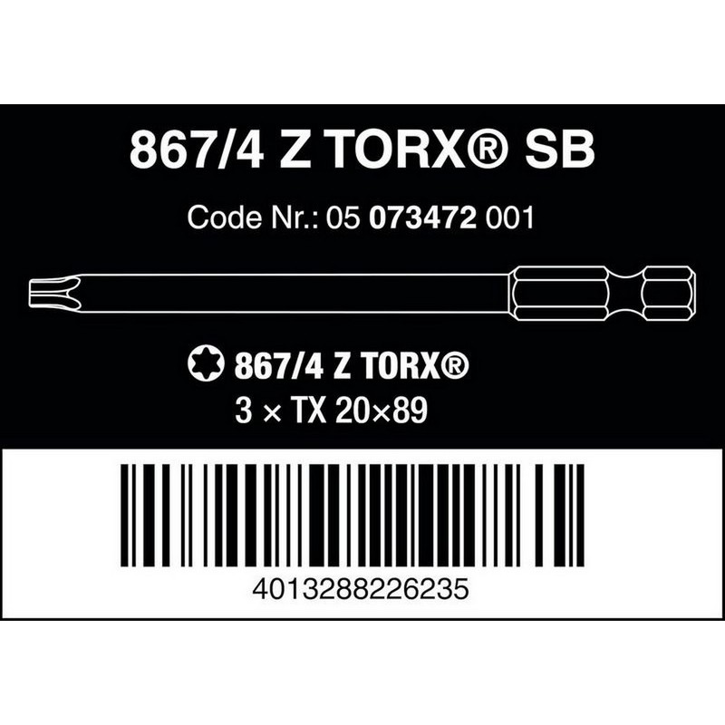 Wera 867/4 Z SB Torx Bits TX20 89mm 3P 05073472001