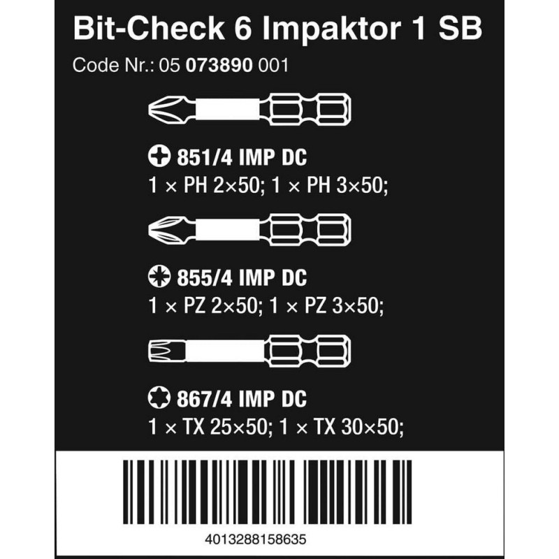 Wera Bit-Check 6 SB Impaktor 1 TX/PH/PZ Bits Seti 05073890001