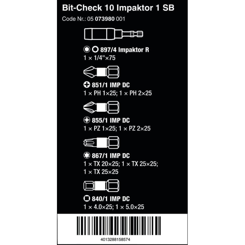 Wera Bit-Check 10 SB Impaktor 1 Bits Seti 05073980001