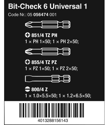 Wera Bit-Check 6 Universal 1 PZ/PH/SL Bits Seti 50mm 05056474001