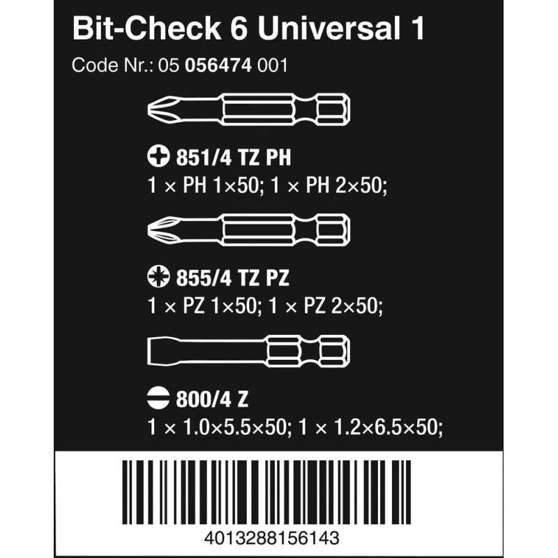 Wera Bit-Check 6 Universal 1 PZ/PH/SL Bits Seti 50mm 05056474001