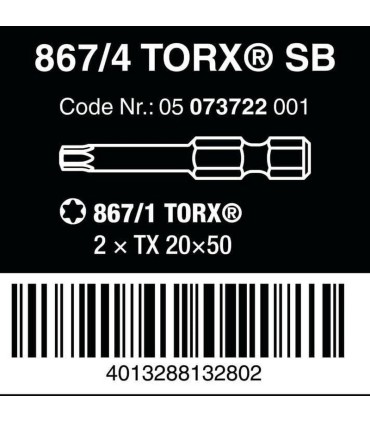 Wera 867/4 Z SB Torx Bits TX20 50mm 2P 05073722001