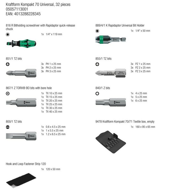 Wera Kraftform Kompakt 70 Üniversal 1 Tornavida Bits Seti 32P 05057113001
