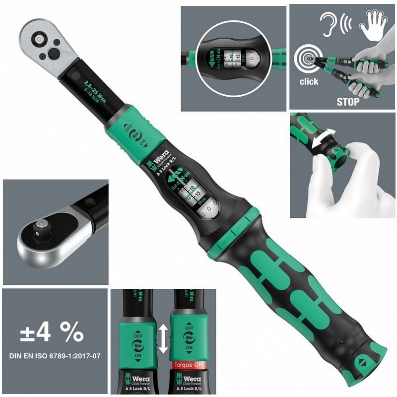 Wera Click-Torque Lock A5 1/4" R/L İtmeli Kare Sürücü 2.5–25Nm Tork Anahtarı 05075693001