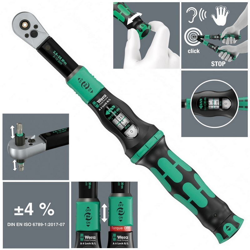 Wera Click-Torque Lock A6 1/4" R/L İtmeli Altıgen Sürücü 2.5–25Nm Tork Anahtarı 05075694001