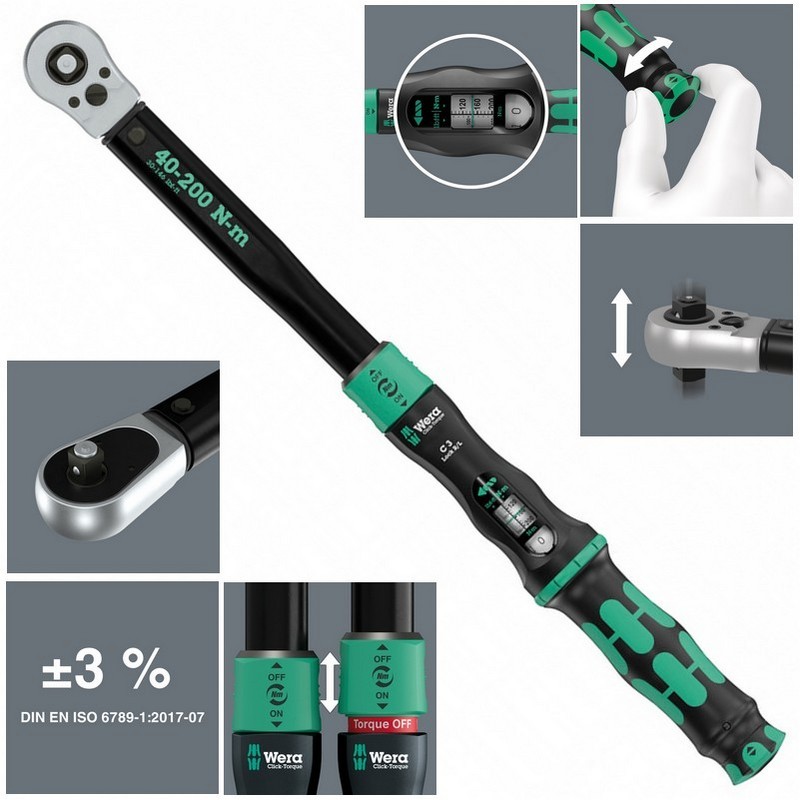 Wera Click-Torque Lock C3 1/2" R/L İtmeli Sürücü 40-200Nm Tork Anahtarı 05075695001