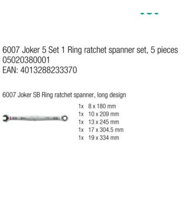 Wera 6007 Joker 5 Set 1 Açıkağız Cırcırlı Kombine Anahtar Set Uzun 5P 05020380001