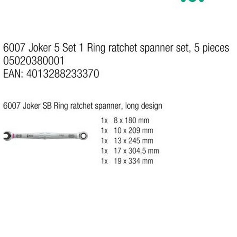 Wera 6007 Joker 5 Set 1 Açıkağız Cırcırlı Kombine Anahtar Set Uzun 5P 05020380001