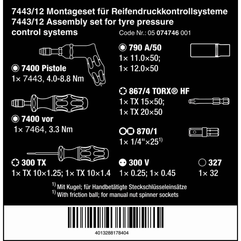 Wera 7443/12 Lastik Basınç Kontrol Sistemleri/Montaj Kiti 12P 05074746001