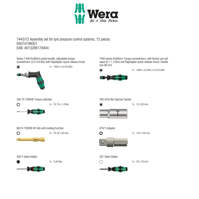 Wera 7443/12 Lastik Basınç Kontrol Sistemleri/Montaj Kiti 12P 05074746001