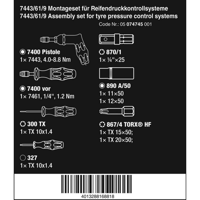 Wera 7443/61/9 Lastik Basınç Kontrol Sistemleri/Montaj Kiti 9P 05074745001