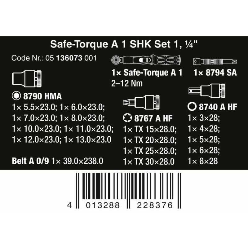 Wera Safe-Torque A1 SHK 2-12Nm 1/4" Ayarlanabilir Tork Anahtar Set 1 20P 05136073001