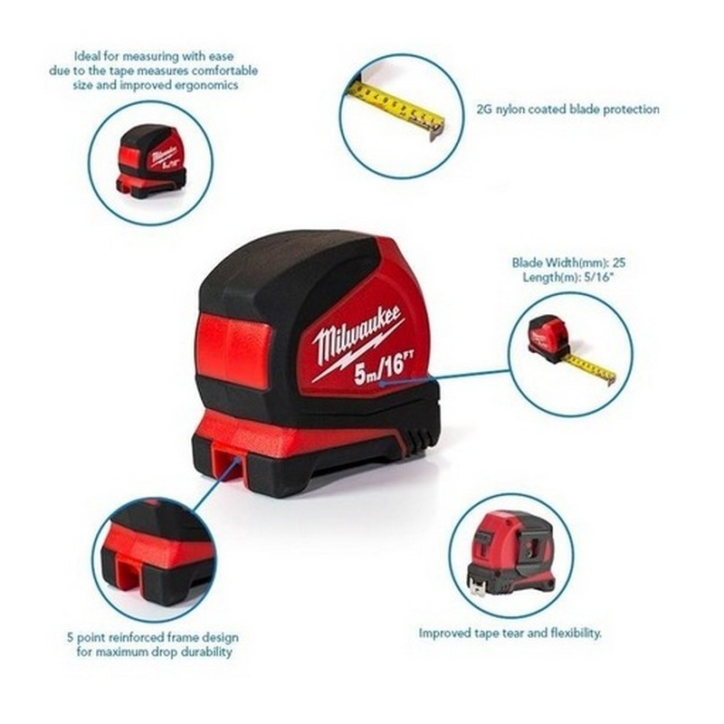 Milwaukee Ağır Hizmet Pro Kompakt Şerit Metre 5m/16ft 4932459595