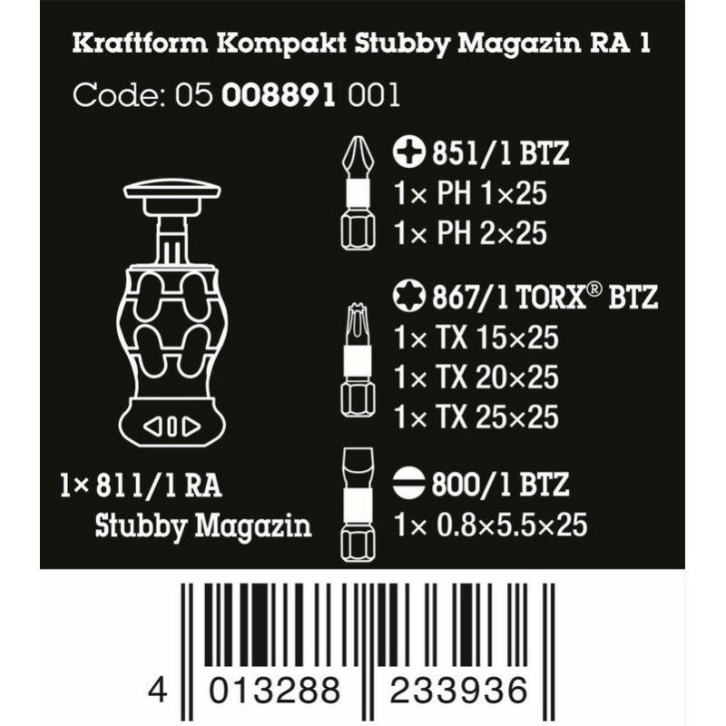 Wera KF Kompakt Stubby RA1 Tornavida Bits Seti 05008891001