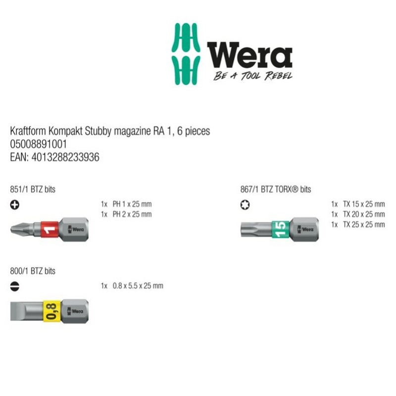 Wera KF Kompakt Stubby RA1 Tornavida Bits Seti 05008891001