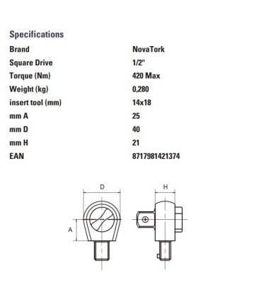 NovaTork DH143420 1/2" Kare Sürücülü 14X18mm Yön Mandallı Cırcır