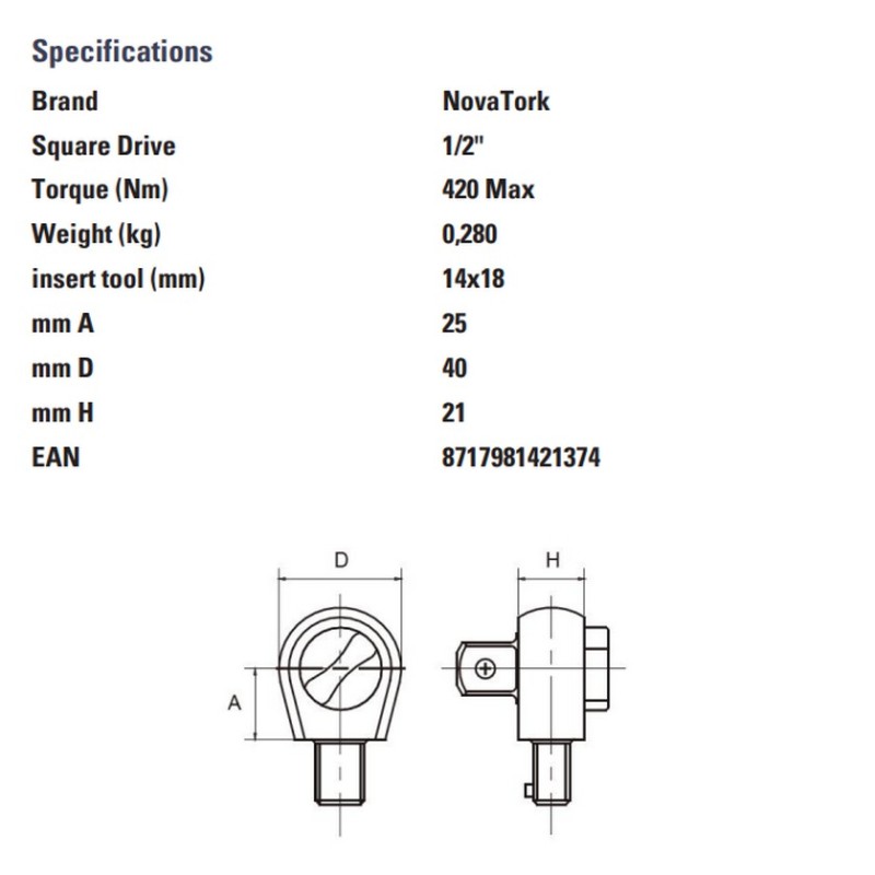 NovaTork DH143420 1/2" Kare Sürücülü 14X18mm Yön Mandallı Cırcır